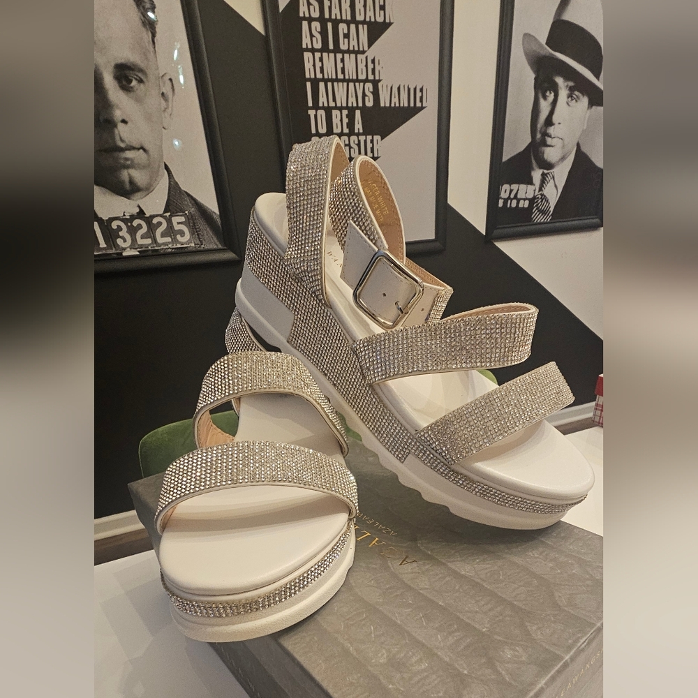 Platform Wedge Sandals with Sparkling Straps - White